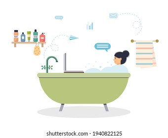 Young woman working on laptop while taking a bath. An addicted woman or a workaholic. Working remotely female character. Online communication concept. Freelance worker. Vector illustration. 