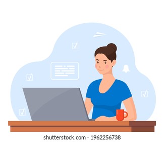 Young woman working on laptop at home office. Freelancer at work, remote work. Young woman sitting at a desk with a laptop and coffee cup. Flat style color modern vector illustration