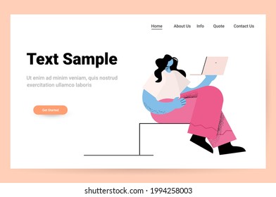 young woman working on laptop freelance social media network concept full length