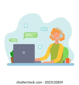 A young woman is working on a laptop. Call center. The girl answers the call, the support service. Online consultation, online help, online training. Dispatcher