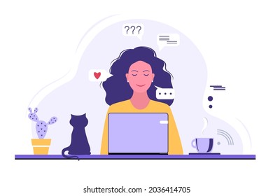 young woman working on laptop at home. Work from home on a computer, freelance. Communication on social networks. A cup of tea, a cactus, a potted plant, a cat. Vector illustration in flat style