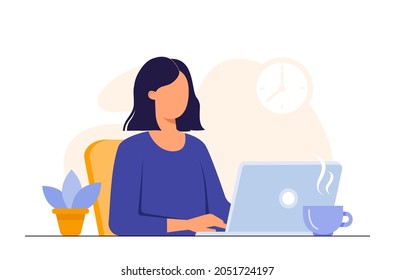 Young woman working on laptop computer. Female office worker doing online distant work. Woman working from home or office. Freelance, online education concept. Vector illustration isolated on white 