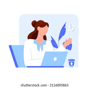Young woman working on a laptop in the office. Education or working concept. Vector illustration in flat style.
