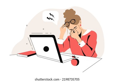 Una joven está trabajando en una laptop. Carácter Cansado. Concepto de salud ocular mientras se trabaja en la computadora. Gráfico plano, ilustración vectorial.