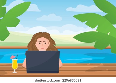 young woman working on a laptop from the swimming pool; online shopping, working remotely, workation, freelance work concept- vector illustration