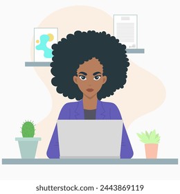 Young woman working on laptop at home. Vector illustration