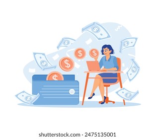 Young woman working on laptop. Money flows from the laptop screen to the wallet. Earn money concept. Flat vector illustration.