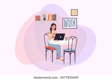 Young woman working on laptop in coffee shop vector illustration. Girl sitting at table in cafe and using laptop. Modern cafe interior. Freelance, cafe, coworking concept
