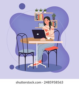 Mujer joven que trabaja en la computadora portátil en la Ilustración vectorial del café. Interior con estanterías y plantas. Trabajo, rutina diaria, concepto de café