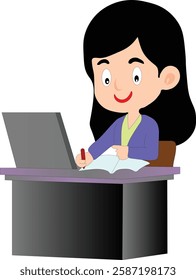 Young Woman Working on Laptop and Writing Notes – Business, Education, and Freelancing Concept Illustration