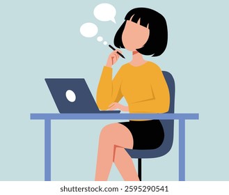A young woman working on a laptop illustration.