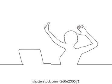 Young woman working on laptop. Lamp over the head of a person. Illustration of brainwork, idea appearance.
