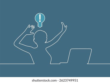 Jovem trabalhando em laptop. Luz sobre a cabeça de uma pessoa. Ilustração do trabalho cerebral, aparência da ideia. Ativar ícone de lâmpada.