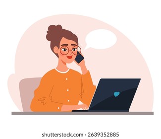Young woman working on a laptop makes a call on mobile phone. Concept of remote work, freelancing, online education, or home office. Flat vector illustration