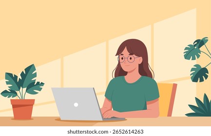 Young woman working on laptop at home. Vector illustration in flat style
