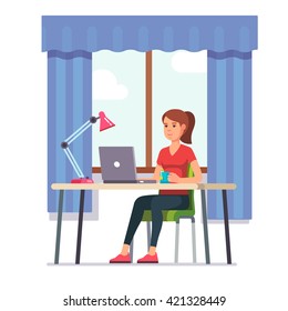 Young woman working on laptop computer at her home office working desk. Flat style color modern vector illustration.