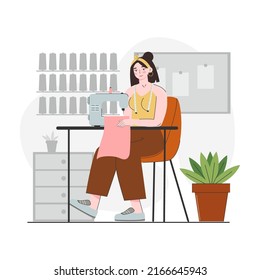 Young woman working on sewing machine. Workplace of seamstress. Fashion designer, dressmaker. Needlework, hobbies, home leisure. Vector illustration isolated on a white background