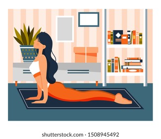 Young woman working out doing exercises at home on a mat on the floor in a healthy Daily Life concept , vector cartoon illustration