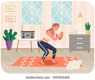 Young woman working out doing exercises at home on mat, squat with load in healthy daily life