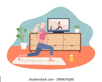 Young woman working out at home. Girl doing sport indoor, Active healthy lifestyle vector. Sport exercise at home, Yoga and fitness, Home workout concept. Vector illustration in a flat style