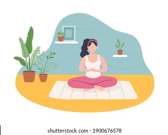 Young woman working out at home. Girl doing sport indoor, Active healthy lifestyle vector. Sport exercise at home, Yoga and fitness, Home workout concept. Vector illustration in a flat style