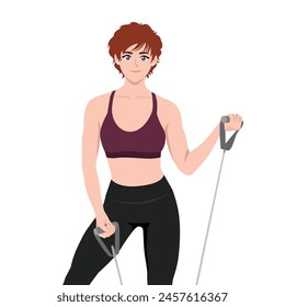 Young woman working out with resistance band. Flat vector illustration isolated on white background