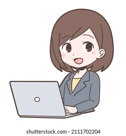 Young woman working with PC in business suit figure