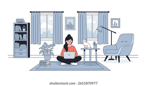 Young woman working productively on her laptop in a cozy home office environment