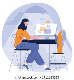 Young woman working remotely in cozy home office. Flat design vector illustration. Modern cartoon style vector concept for freelance, home office and social media marketing.