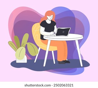 Young woman working remotely at home. Female employee sitting at table and using laptop flat vector illustration. Remote work, freelance concept