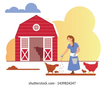 Young Woman in Working Robe Feeding Chicken. Farmer, Villager Character at Work. Girl Care of Birds on Farm at Summertime, Agriculture, Farming, Poultry Industry. Cartoon Flat Vector Illustration