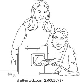 young woman working with the sewing machine, line art of woman using sewing machine, Hand drawn in thin line style