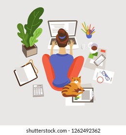 Young woman working, studying at home flat vector illustration. Remote, freelance job. E-learning. Girl sitting on floor and using laptop. Home workspace. Freelancer with cat cartoon character