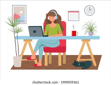 Una joven está trabajando o estudiando en casa con una laptop y auriculares. Una ilustración plana. Quédate en casa, Trabaja desde casa, conceptos de freelance. Vector.