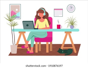 Una joven está trabajando o estudiando en casa con una laptop y auriculares. Una ilustración plana. Quédate en casa, Trabaja desde casa, conceptos de freelance. Vector.