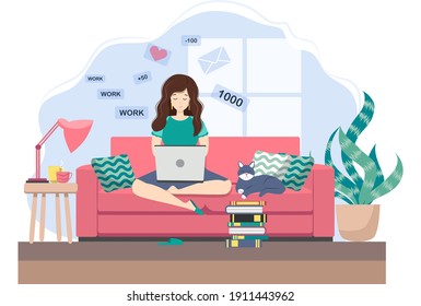 Young woman working or studying from home while sitting on the couch. A cozy atmosphere, with tea and a cat. COVID-19 quarantine concept, work and learning from home. Cartoon style