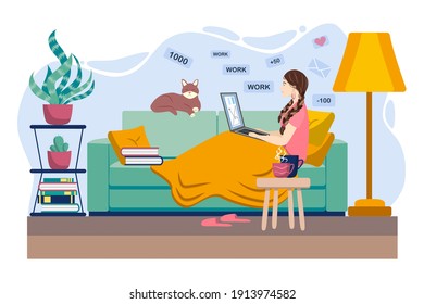 Young woman working or studying from home, sitting on the couch, in a cozy atmosphere, with tea and a cat. Covid-19 quarantine concept, work and learning from home. Cartoon style