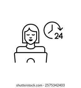 Young woman working or studying at laptop and 24 clock. All hours availability, round the clock focus. Pixel perfect work icon