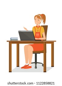 Young woman working as a support service employee at home. Vector illustration. Girl is talking with headset