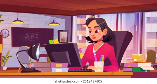 Young woman working at table in office room interior. Cartoon vector female character sitting on workplace with computer and documents on desk, window and chalkboard. Employee in business coworking.