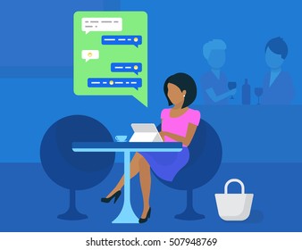 Young woman working with tablet pc and drinking coffee in student cafe. Flat modern illustration of sending messages via messenger app and texting to friends