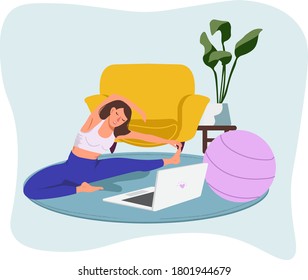 Una mujer joven en una pose de entrenamiento. Estilo de vida saludable. Formación en equilibrio. Silueta femenina. Ilustración vectorial.