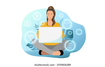 A young woman works behind a laptop. The girl sits and holds the laptop on her lap. Vector illustration