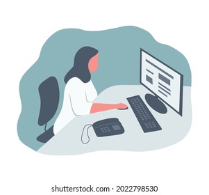 Young woman works at the computer. Human icon. This could be an office worker, doctor, scientist, or other professional. There is a monitor, keyboard and telephone here. Vector