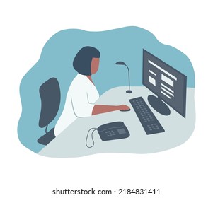 La joven trabaja en la computadora. Icono humano. Podría ser un oficinista, médico, científico u otro profesional. Aquí hay un monitor, teclado, teléfono y lámpara. Ilustración del vector