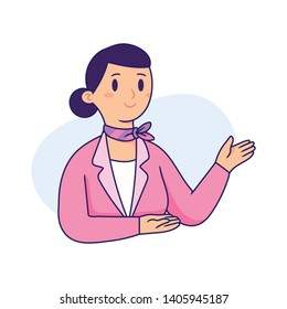 young woman works as flight attendant, friendly flight attendant is raising her hands and introducing the safety of the plane, vector illustration character