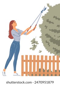 A young woman works in the garden. A girl trims the branches of a tree with pruning shears. Landscape design and gardening. Vector illustration