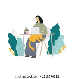 A young woman works at home with her cat. Vector flat illustration. Freelancer girl
