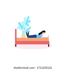 Young woman works at home with a laptop. Freelancer works on the bad. Vector illustration in a flat style