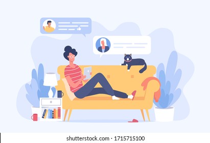 Young woman works at home on her comfortable couch. Freelancer work vector illustration